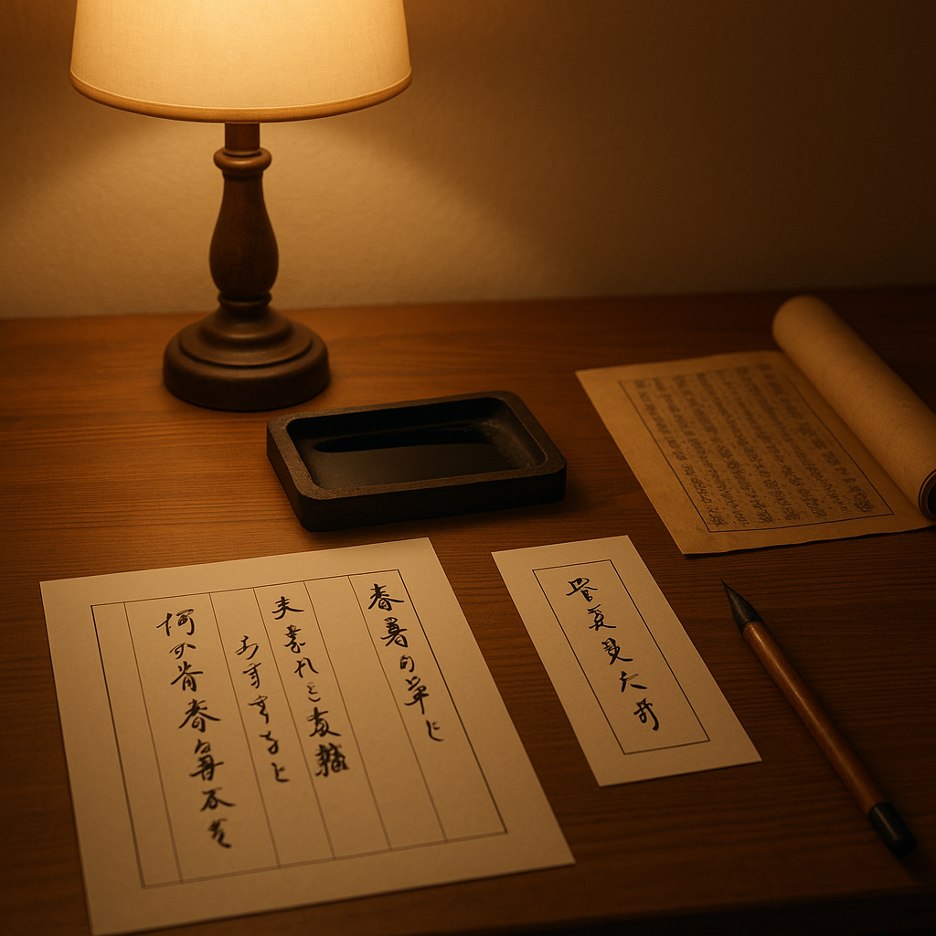 短歌や俳句の用紙、書道の筆と墨、古文書の巻物が和やかに並ぶ学習デスクの風景。温かみのある照明の中で、
