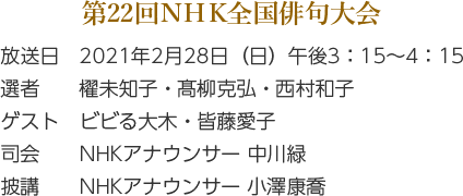 第22回NHK全国俳句大会 放送日 2021年2月28日 午後3:15〜4:15